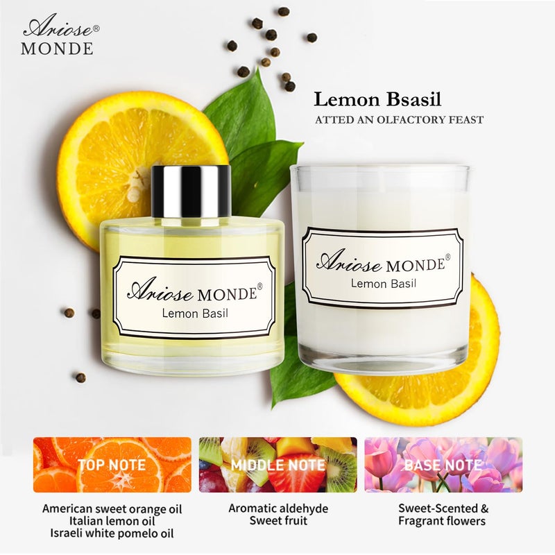 ArioseMonde Reed Diffuser & Scented Candle Gift Set, Lemon Basil Oil Diffuser Sticks, Fragrance Diffuser & Soy Wax Candles in Glass Jar, Natural Soy Candles Gifts for Home Decor - Image 3